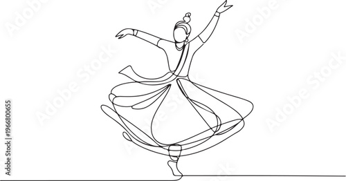 An elegant and graceful dancer performing a traditional Indian dance in a flowing costume, captured in a single continuous line art illustration
