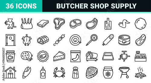 Butchery and Charcuterie Line Art: minimalist Monoline Symbols for Meat Processing, Deli Products, and Gourmet Gastronomy Design