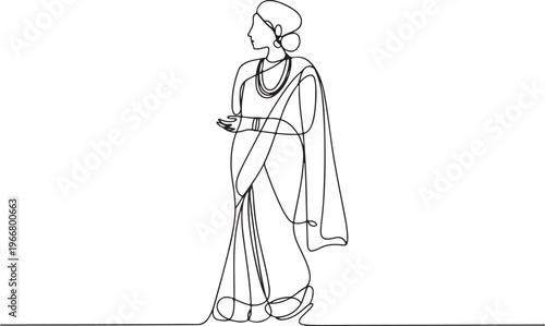 Graceful continuous line art illustration of an Indian woman in traditional attire, elegantly draped in a saree, minimalist vector drawing