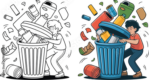 Boy struggling with overflowing trash can vector illustration for waste management