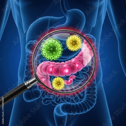 Magnified view of harmful bacteria in the human digestive system.