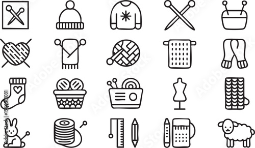 Minimal Line Yarn and Needle Icon Set for Handmade Craft Graphics