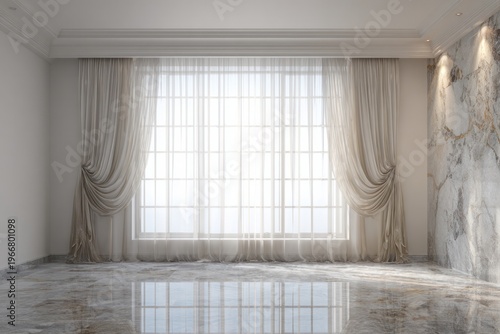 Elegant room features sheer curtains and marble walls.