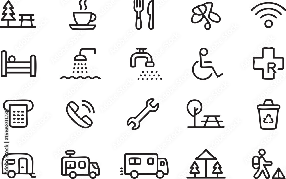 Fototapeta premium Campsite Amenities Vector Pack for Park Services and Travel UI Design