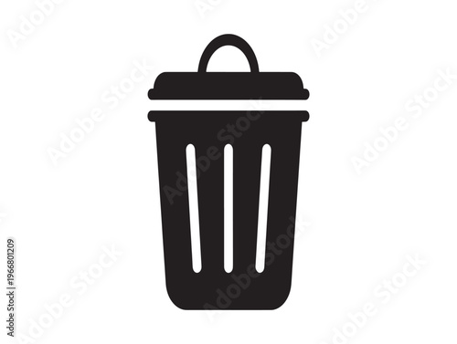 Black trash can icon, waste bin symbol, garbage container illustration, recycling bin sign isolated on White Background