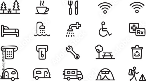 Modern Camping Outline Icons for Outdoor Amenities and Services