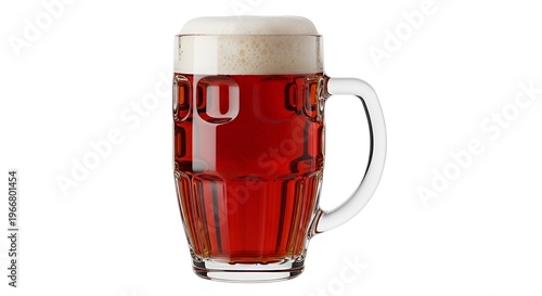Frosted glass mug of dark red beer with foamy head on white background, refreshing drink concept