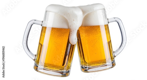 Two overflowing beer mugs with frothy golden lager in clear glass steins,        isolated on white background with soft lighting and cheerful mood