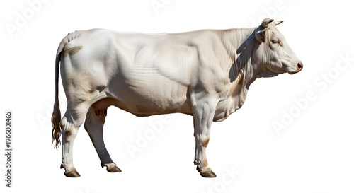 White dairy cow standing in bright daylight on isolated background for agriculture and farming concept