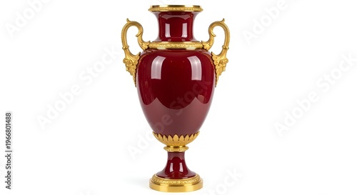 Elegant red and gold antique trophy vase with ornate handles on white background