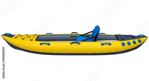 Inflatable yellow kayak with blue paddle on calm water outdoor adventure gear