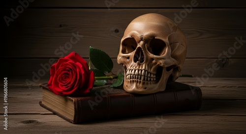 Skull with red rose on old book in dark moody lighting symbolizing life and death contrast