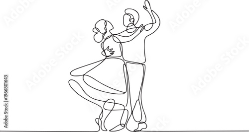 Elegant Single Line Drawing of a Couple Dancing Gracefully in a Romantic Embrace