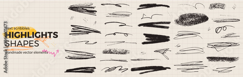 Highlight handmade lines and emphasis with crayon pencil texture in charcoal. Doodle underline sketch on grid notebook for school planner. Handmade highlight vector elements with freehand strokes.
