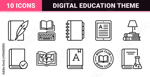 Minimalist Monoline Book and Education Icon Set, Geometric Line Art for Digital Libraries, Academic Research, and Modern E-Learning Platforms