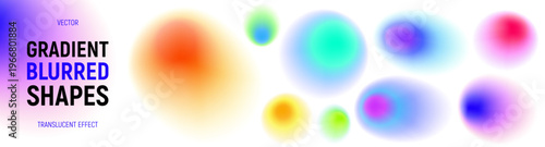 Set of abstract acid gradient shapes. Vector collection of trendy graphic elements with blur edges and iridescent gradient colors, neon light mesh effect. Neon blobs isolated on light background.