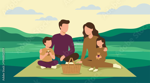 Happy family enjoying a picnic in a serene natural landscape with water and hills