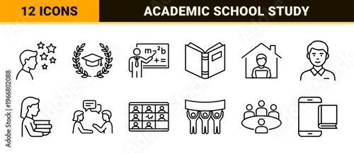 Academic Learning and Higher Education Monoline Icon Set featuring Minimalist Geometric Line Art for School and University Facilities.