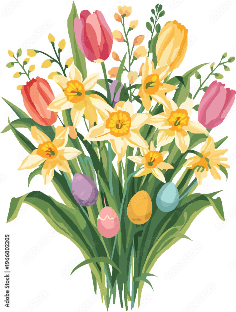 Obraz premium Vector Spring Flowers Bouquet with Tulips, Daffodils, and Easter Eggs