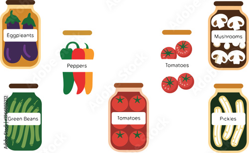 Minimalist flat illustration of six glass jars with pickled vegetables including eggplant tomato pepper beans and mushrooms vector set