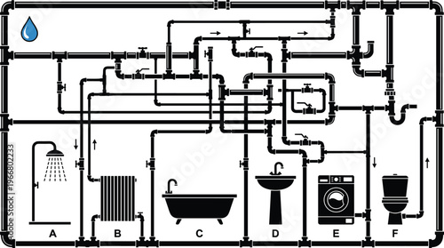 Household plumbing system schematic diagram with pipes, water flow, shower, sink, toilet, bathtub, washing machine, radiator, residential illustration