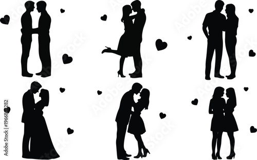 Minimalist couple silhouette collection with love, wedding, dance, and romantic poses arranged in 2x3 grid flat black vector illustration