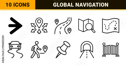 Global Navigation and Geographic Positioning Systems Minimalist Monoline Outline Symbols for Logistics and Travel Interface Design