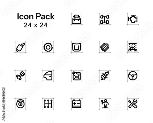 Set of minimalist outline icons and pictograms related to car repair and maintenance. Auto Service Center icons.  