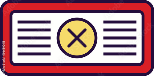 Stylized cancel error icon with red border, yellow circle, purple X symbol, digital interface button, notification design illustration