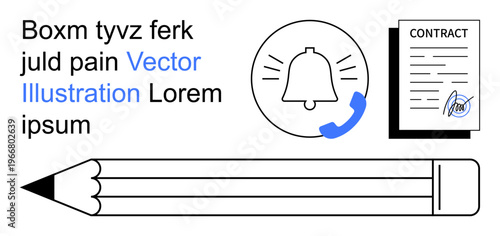Communication, agreements, education, reminders, alert systems, business operations. A bell with a phone symbol, contract and pencil. Communication and agreements in professional workflows concept
