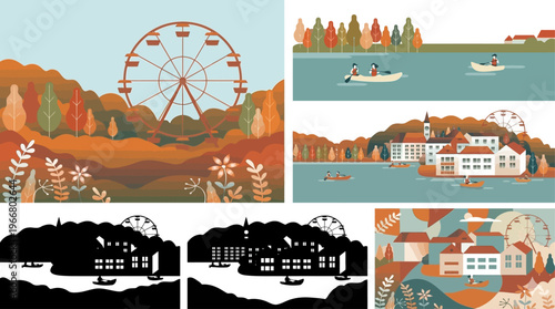 Autumnal cityscape with ferris wheel and boats on transparent background silhouette
