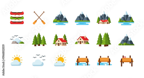 Colorful camping and wilderness icons with a silhouette on transparent background