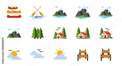 Camping and outdoor adventure icons with a silhouette on transparent background