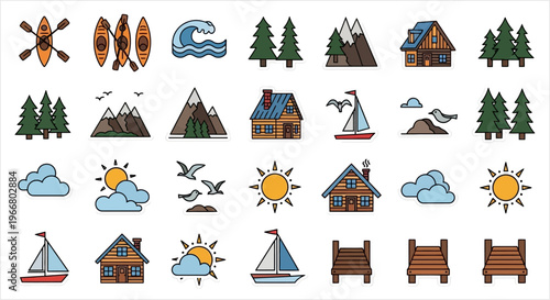 Colorful outdoor adventure icons featuring mountains water and cabins on transparent background silhouette