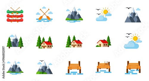 Outdoor adventure icons featuring canoes mountains and cabins on transparent background silhouette