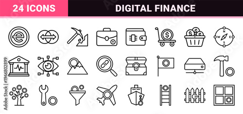 Cryptocurrency and Blockchain Technology Infrastructure Minimalist Outline Icons for Digital Finance Web Interface and FinTech App Design