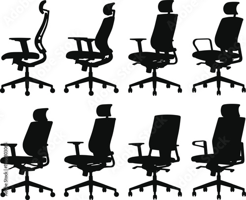PrintOffice chair silhouettes, ergonomic seating icons, rolling desk chairs, modern workplace furniture, executive chair designs, swivel seat graphics, professional office decor
