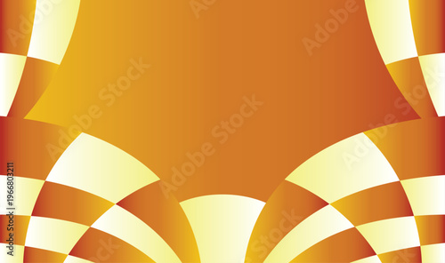 Radiant orange and yellow sunburst abstract background with checkered geometric patterns and symmetrical curves for summer promotional flyers and warm banners.