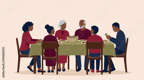 Diverse family enjoying a meal, one member distracted by smartphone