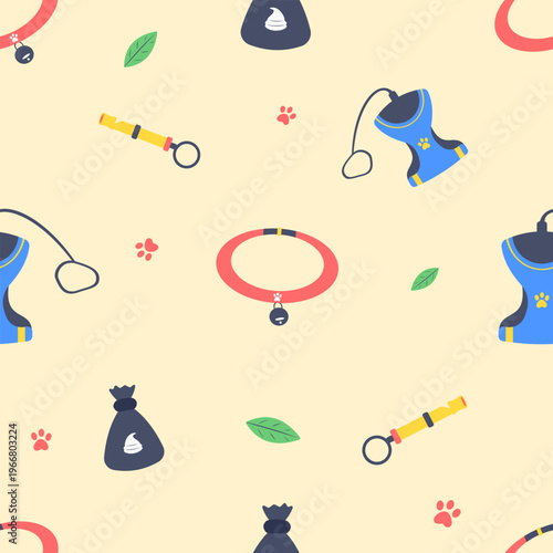 Vivid tropical pet walking gear seamless pattern with dog harness and collar. Flat design vector background for animal travel supplies and outdoor pet shop banners
