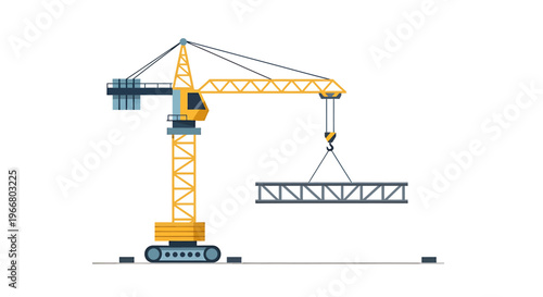Yellow Construction Crane Lifting Metal Beam.