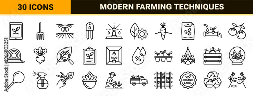 Smart Agriculture and Botanical Cultivation Outline Icons Featuring Minimalist Monoline Geometry for Sustainable Farming and Gardening Tech.
