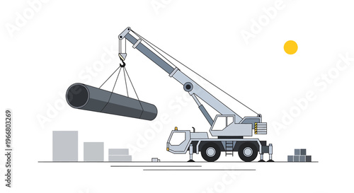 Large construction crane lifting heavy pipe.
