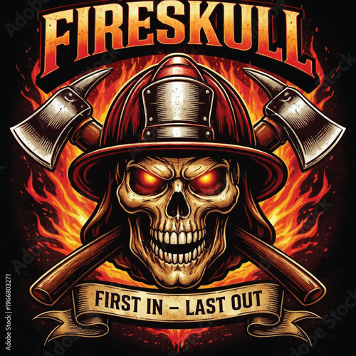 Fire Skull Firefighter Skull Axes Vintage T-Shirt Design