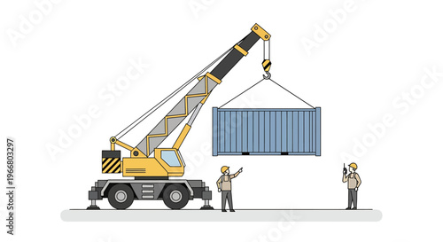 Yellow Crane Lifting Blue Shipping Container.
