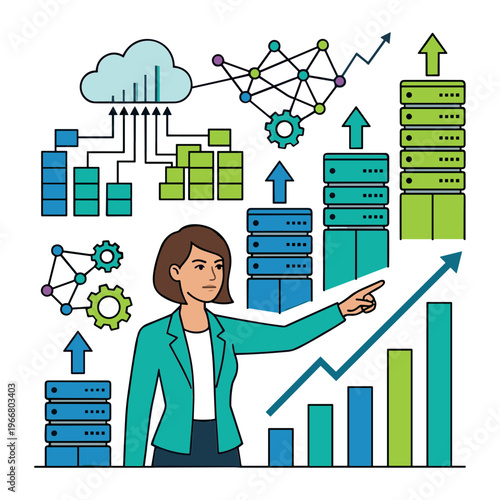 Businesswoman presenting data analysis with graphs and servers in office