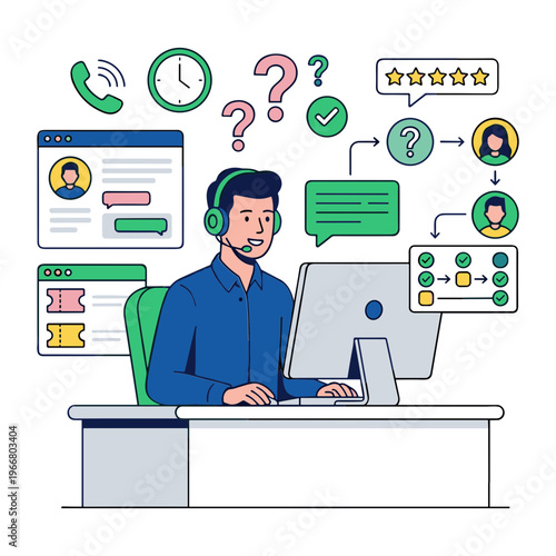 Customer support representative working at a desk with computer and headset