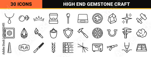 Luxury Gemstone and Jewelry Design Monoline Icons Featuring Brilliant Diamond Cuts and Precious Metal Crafting Tools for Brand Agencies