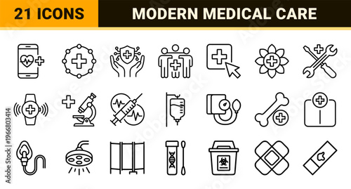 Minimalist Digital Healthcare Monoline Icon Set featuring Geometric Medical Technology and Telemedicine Symbols in Clean Black Line Art.