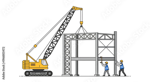 Construction workers with crane lifting steel.
